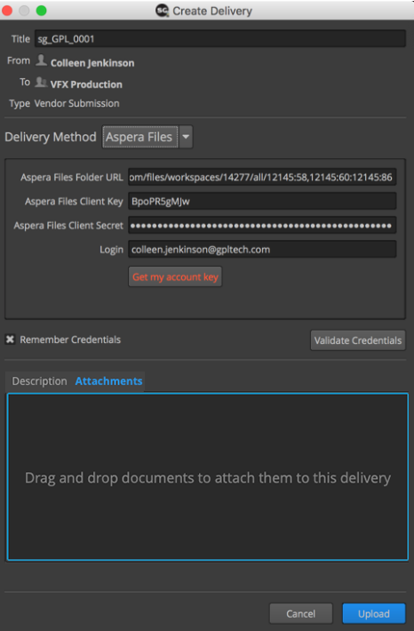 Create Delivery attach window