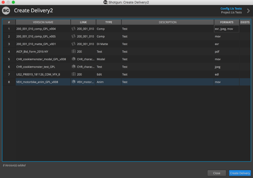 Create Delivery Version list