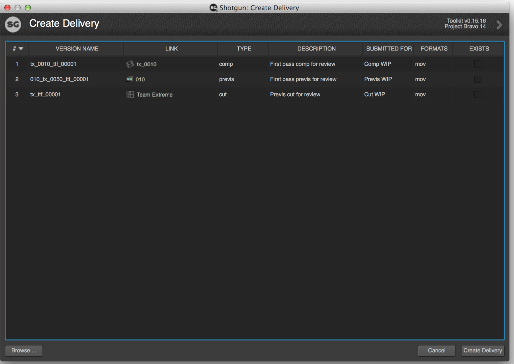 Create Delivery Version list