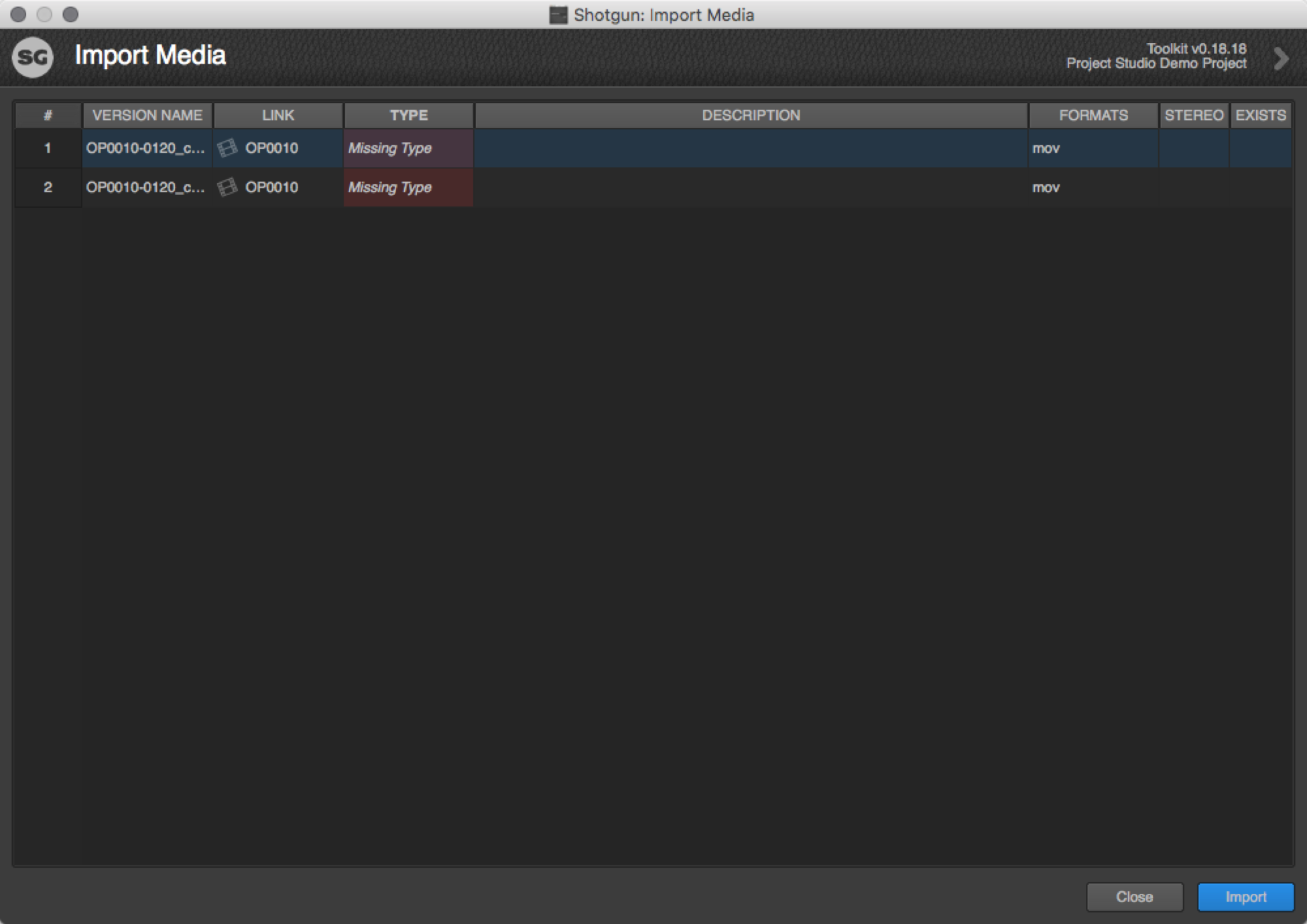 Import Media Version grid window
